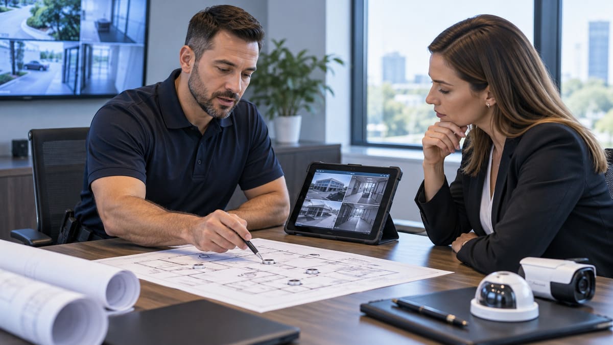 Security consultant reviewing a property security plan with a business owner during a professional consultation.
