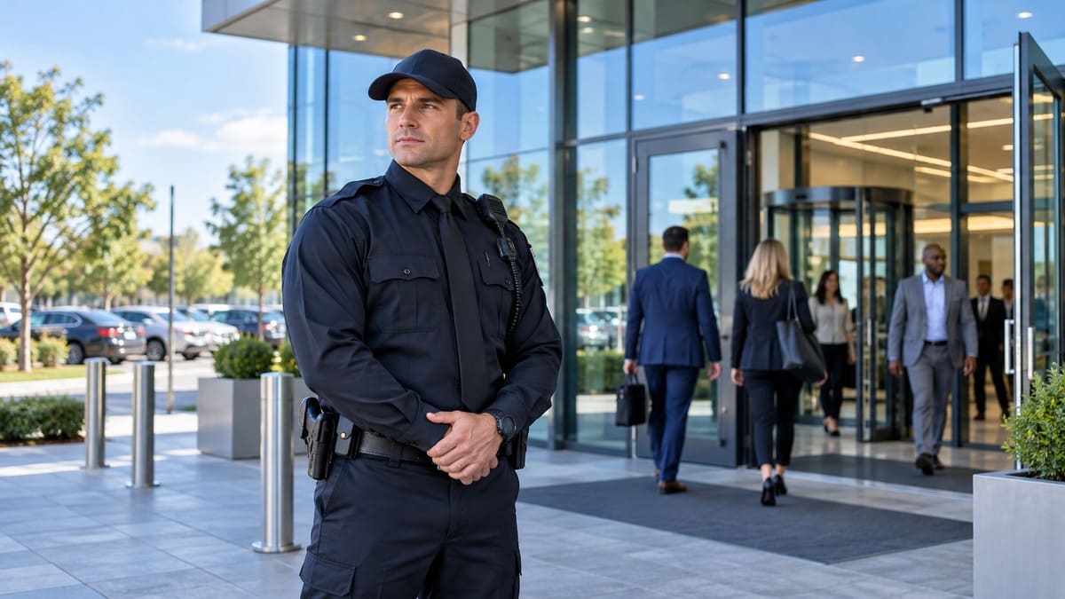 Professional security guard monitoring the entrance of a commercial office building in Maryland.