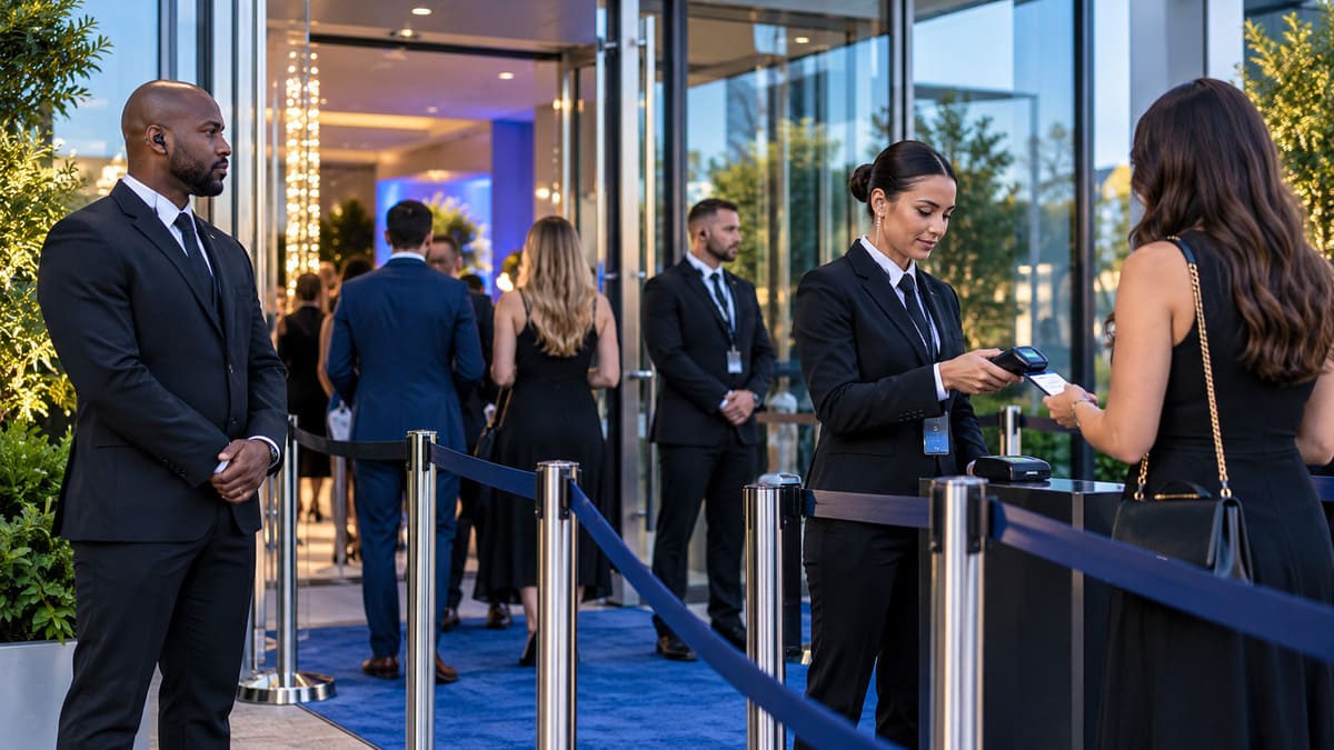 Event security personnel checking guest credentials and managing access at an organized event entrance.
